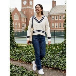 V-Neck Cable Knit Primark Cream Cotton Varsity Sweater Size M Medium